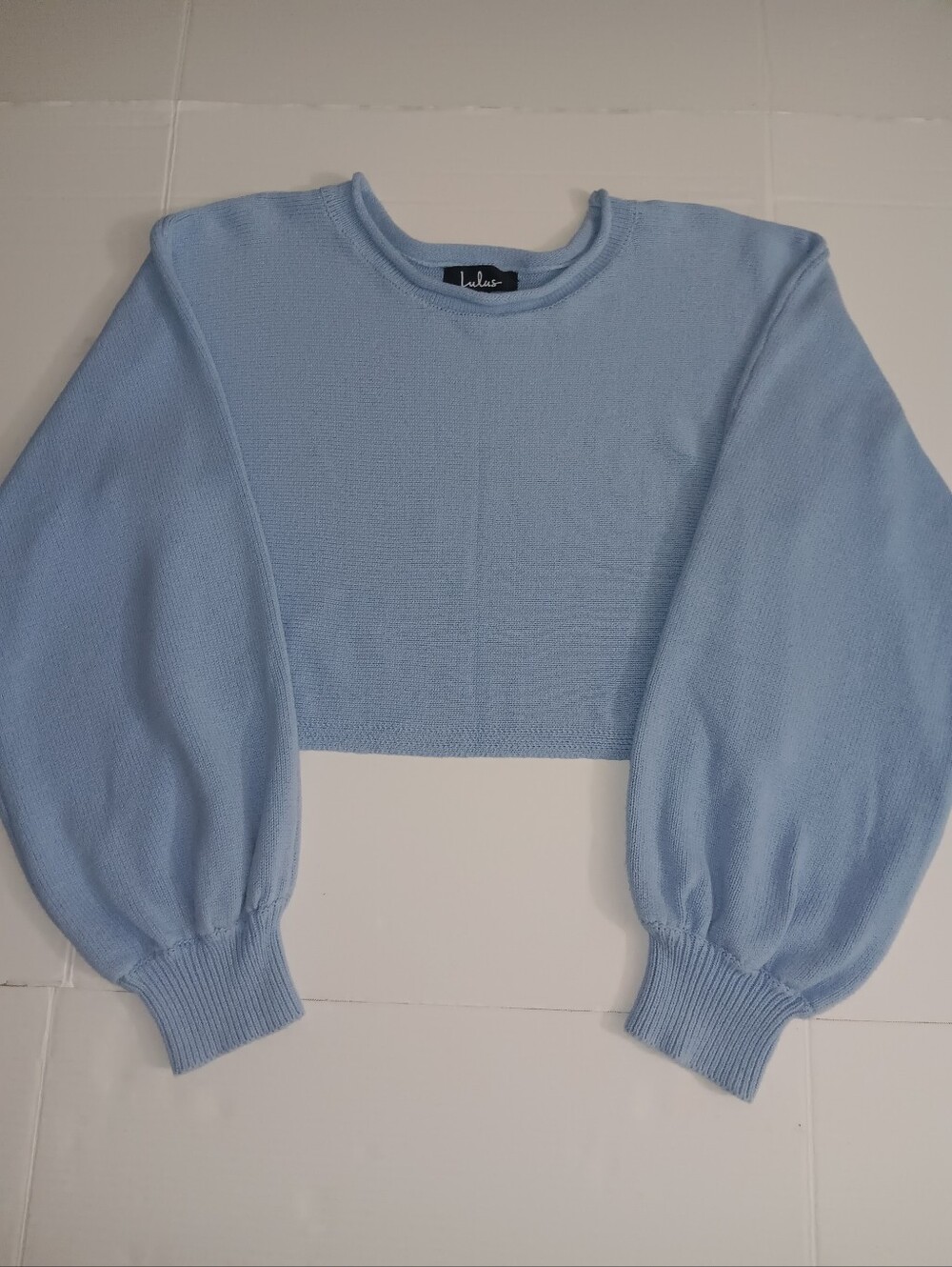 Lulu's Cotton-Blend Pastel Blue Crop Balloon-Sleeve Knitted Loose-neck Sweater